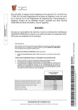 Bando -Tarifas especiales abono de temporada municipio Castejón de Sos...