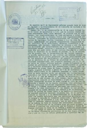 Instancia del Vicedirector de la Escuela Normal de Magisterio, al Presidente de la Diputación Provincial. 1937, noviembre, 11