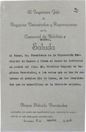 Invitación a la entrega del Hospital Provincial por Regiones Devastadas y Reparaciones a la Diputación. 1944