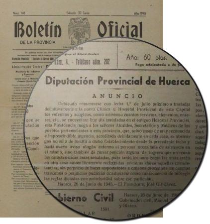 Anuncio solicitando la no remisión de enfermos al antiguo Hospital Provincial de Nuestra Señora de la Esperanza, por traslado de sus servicios a la nueva Clínica u Hospital Provincial. 1945