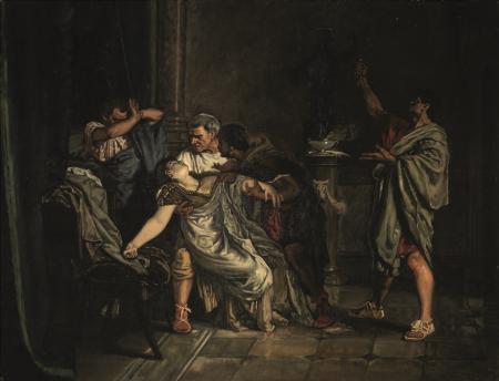 Autoría desconocida. Muerte de Lucrecia, finales del siglo XIX. Óleo sobre lienzo. 130 x 170 cm