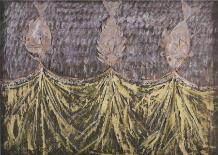 Tres peces gordos haciéndonos la cama,1988. Mixta sobre tela. Colección Diputación de Huesca. Foto Javier Broto Hernando