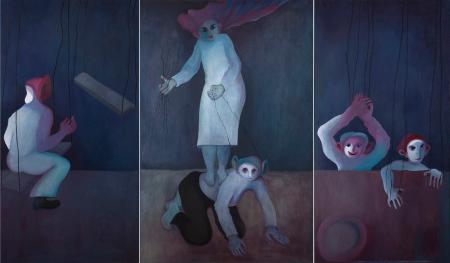 Marionetas (tríptico), 1981. Óleo sobre lienzo, 150 x 260 cm