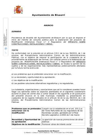 Imagen Consulta pública elaboración proyecto modificación Ordenanza nº 3 ICIO