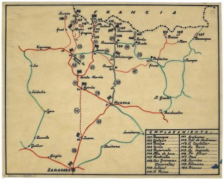 Croquis de la 3ª Sección del Estado Mayor de la Capitanía General de la V Región Militar de emplazamiento de los centros de resistencia 101 a 120 de la Organización Defensiva de los Pirineos. 1966. España. Ministerio de Defensa AGMAV, C.3228,2,15