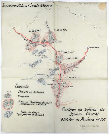 Superponible de la Comisión de Defensa del Pirineo Central, División de Montaña nº 151, de los centros de resistencia nº 110, 109, 108, 107 y 106, del Subsector 23, en Huesca. S/f. España. Ministerio de Defensa. AGMAV, M.1970,12