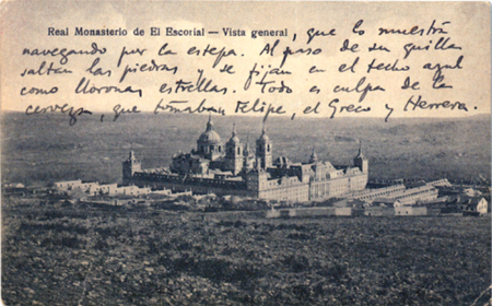 Imagen: Postal que envió José Moreno Villa desde El Escorial a su amigo Federico García Lorca